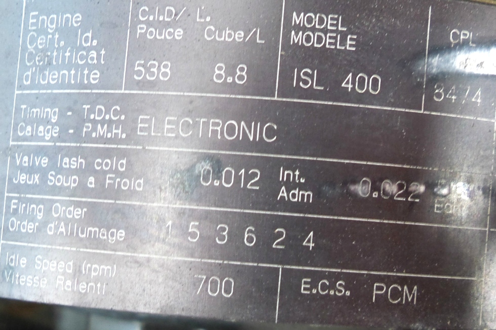 CUMMINS DIESEL ENGINE | CUMMINS 8.8L ISL400 FOR SALE - LOW MILES  RV Chassis Parts 