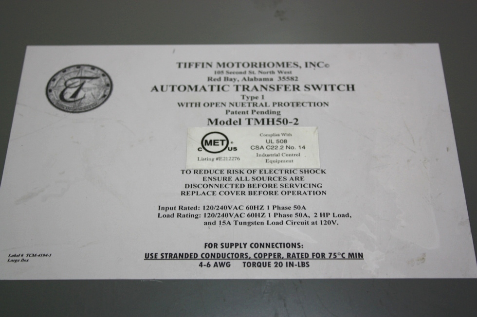 USED TIFFIN MOTORHOMES INC AUTOMATIC TRANSFER SWITCH TMH50-2 FOR SALE RV Components 
