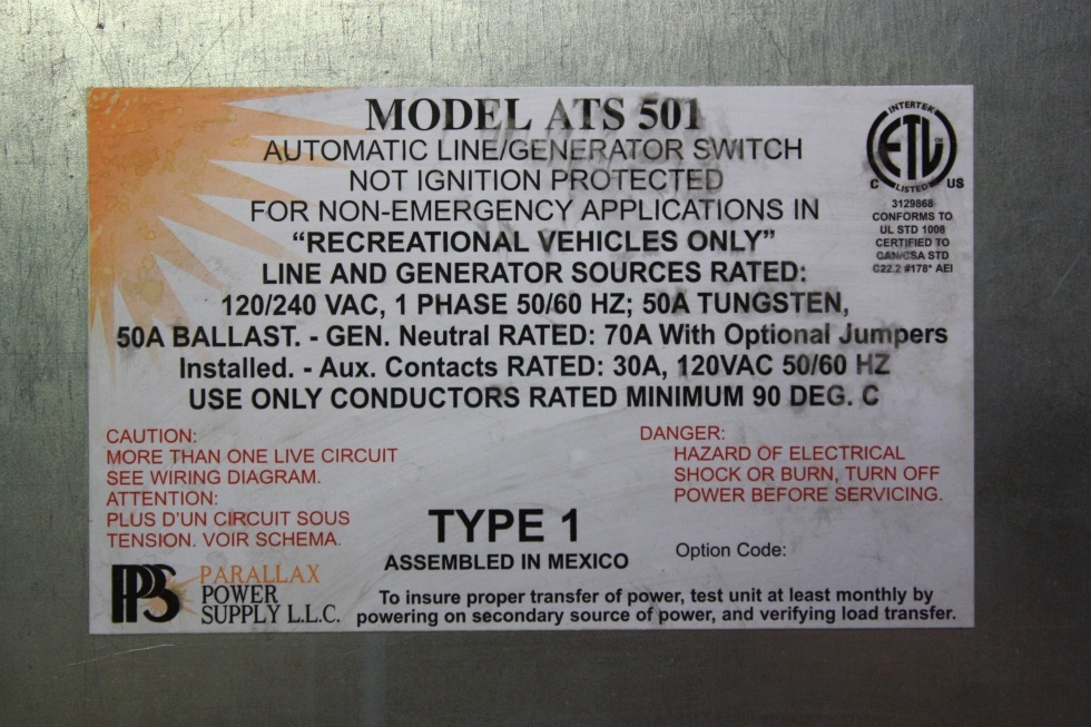 USED PPS RV AUTOMATIC LINE/GENERATOR SWITCH ATS 501 FOR SALE RV Components 