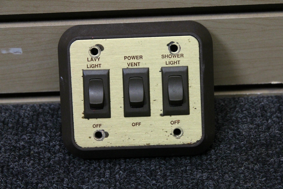 USED RV MONACO INTERIOR 3 SWITCH WALL PANEL (LAVY LIGHT, POWER VENT & SHOWER LIGHT) RV Components 