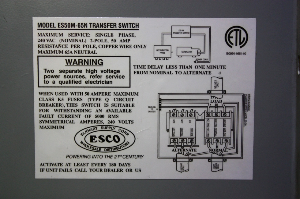 RV Components USED RV POWER 50 TRANSFER AUTOMATIC TRANSFER SWITCH ES50M