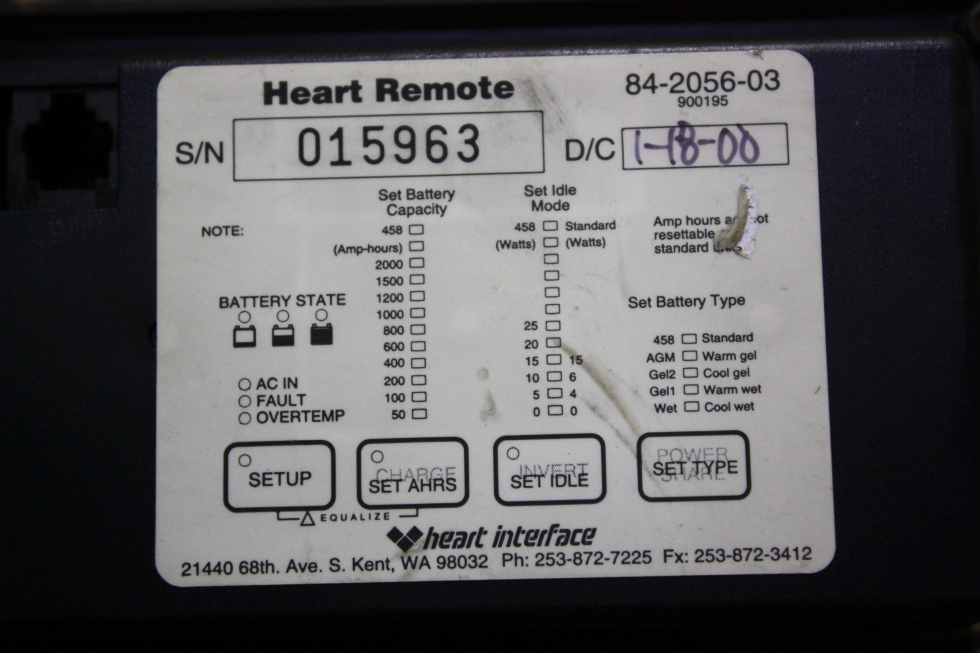 USED HEART INTERFACE HEART REMOTE 84-2056-03 MOTORHOME PARTS FOR SALE RV Components 