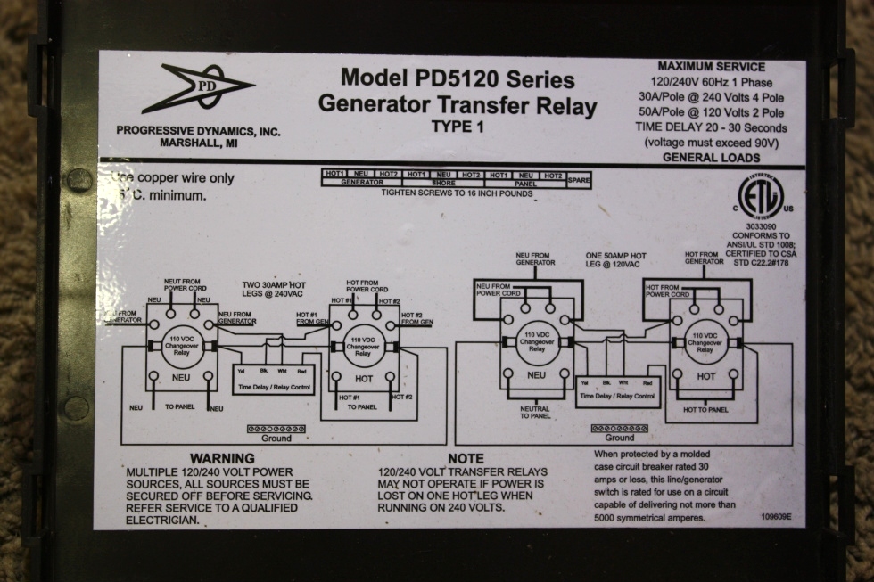 USED PROGRESSIVE DYNAMICS 5100 SERIES AUTOMATIC TRANSFER RELAY PD5120 FOR SALE RV Components 