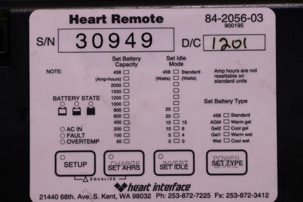 USED MOTORHOME HEART INTERFACE 84-2056-03 HEART REMOTE FOR SALE RV Components 