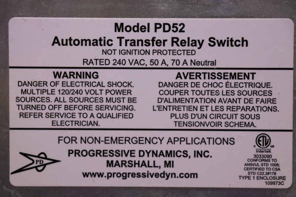 USED RV PD52 PROGRESSIVE DYNAMICS AUTOMATIC TRANSFER RELAY SWITCH MOTORHOME PARTS FOR SALE RV Components 
