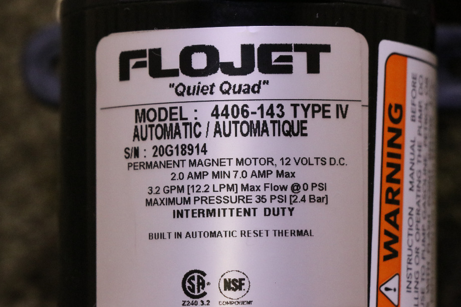 USED RV FLOJET QUIET QUAD 4406-143 WATER PUMP FOR SALE RV Components 