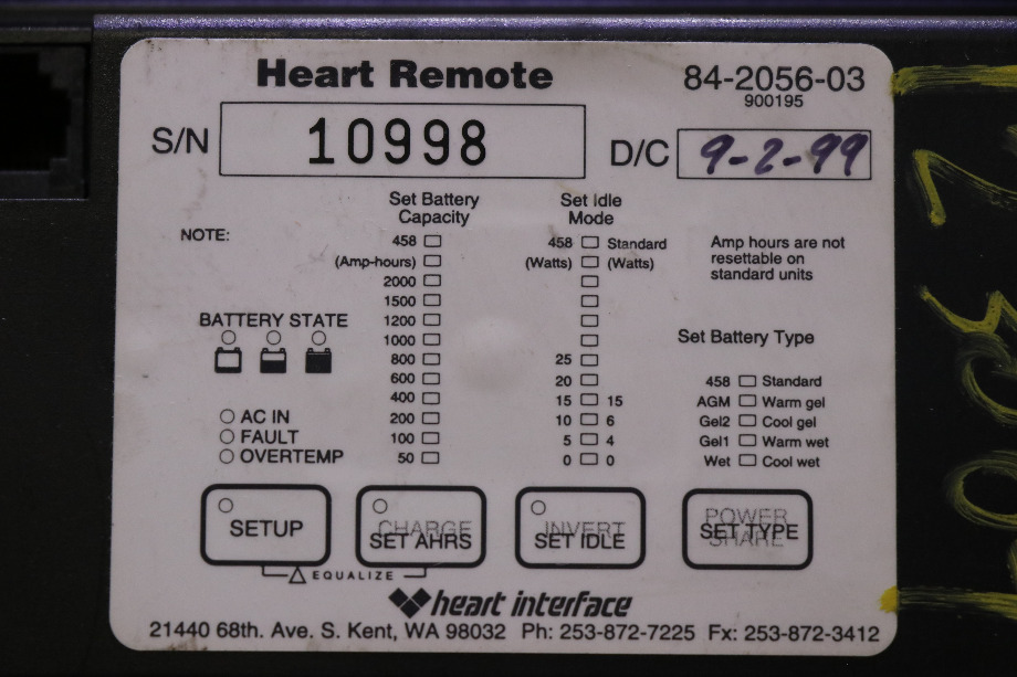 USED HEART INTERFACE 84-2056-03 HEART REMOTE PANEL MOTORHOME PARTS FOR SALE RV Components 