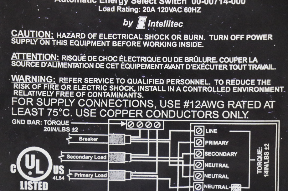 USED 00-00714-000 AUTOMATIC ENERGY SELECT SWITCH BY INTELLTEC RV PARTS FOR SALE RV Components 