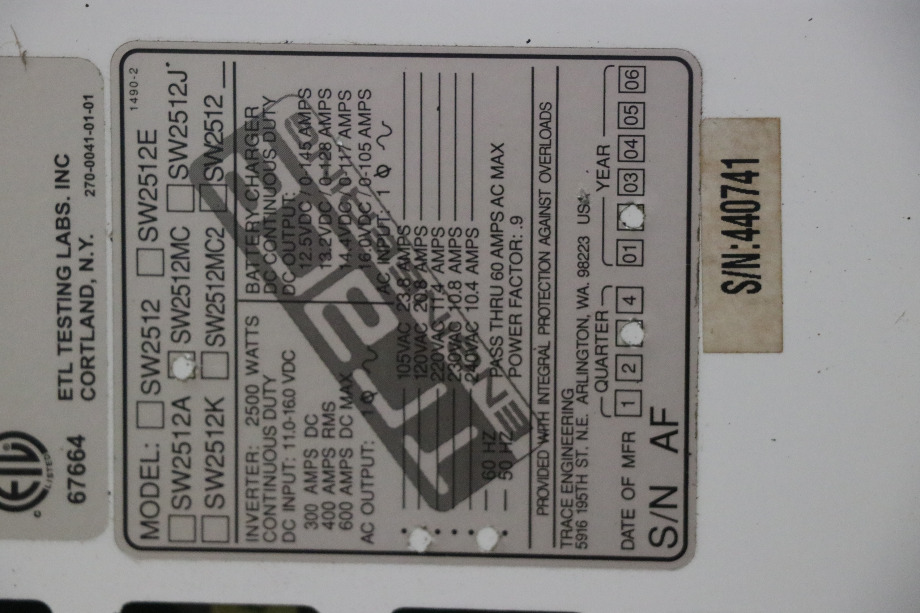 USED RV/MOTORHOME TRACE ENGINEERING SW2512MC POWER CONVERSION CENTER FOR SALE RV Components 