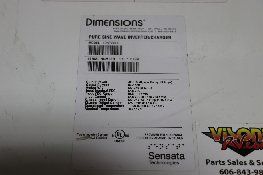 USED 12NP20HR DIMENSIONS PURE SINE WAVE INVERTER/CHARGER RV PARTS FOR SALE RV Components 