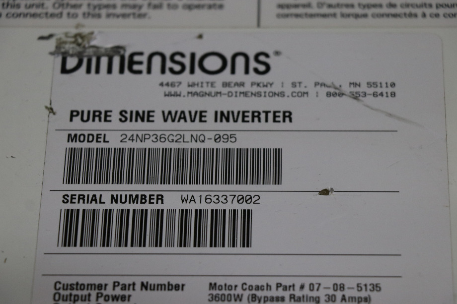 USED DIMENSIONS 24NP36G2LNQ-095 PURE SINE WAVE INVERTER MOTORHOME PARTS FOR SALE RV Components 