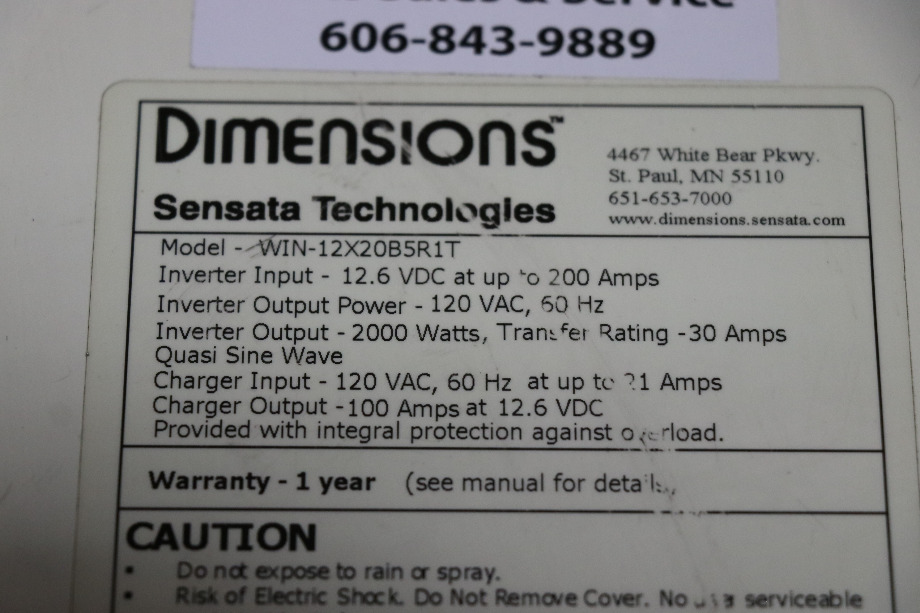 USED DIMENSIONS INVERTER / CHARGER / FAST TRANSFER WIN-12X20B5R1T RV/MOTORHOME PARTS FOR SALE RV Components 
