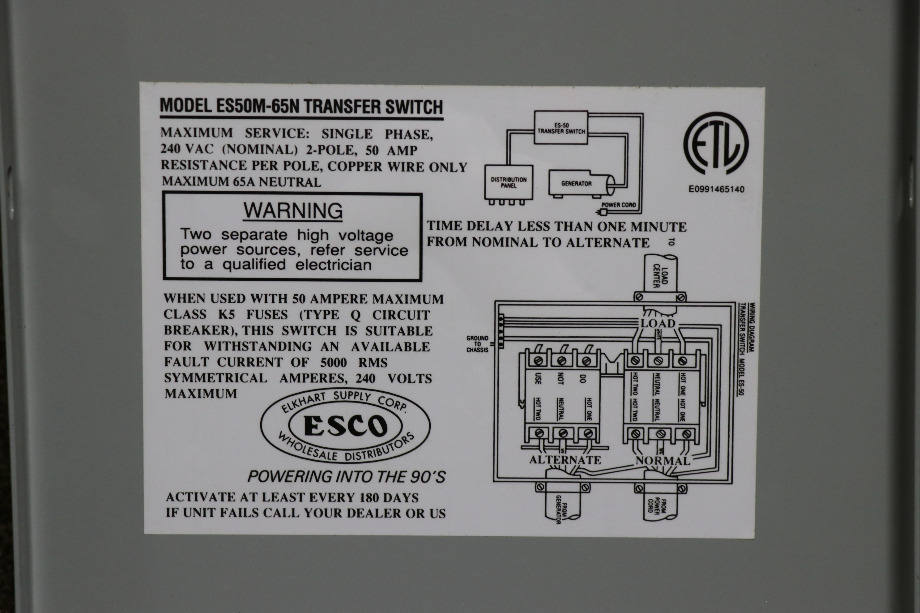 USED ESCO POWER 50 TRANSFER ES50M-65N AUTOMATIC TRANSFER SWITCH MOTORHOME PARTS FOR SALE RV Components 