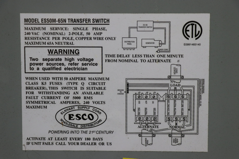 USED MOTORHOME ESCO POWER 50 TRANSFER ES50M-65N AUTOMATIC TRANSFER SWITCH FOR SALE RV Components 