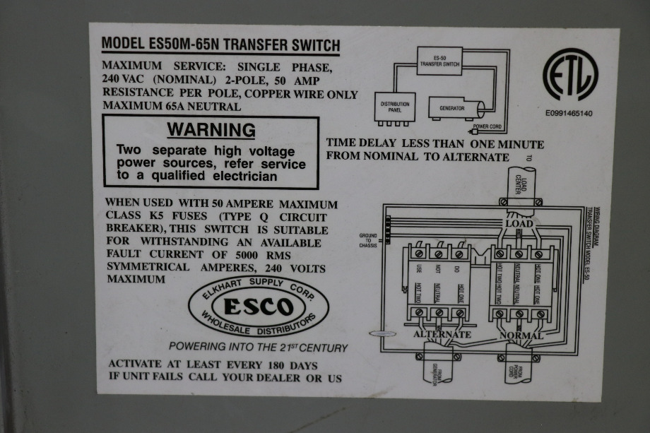 USED ESCO POWER 50 TRANSFER ES50M-65N AUTOMATIC TRANSFER SWITCH MOTORHOME PARTS FOR SALE RV Components 
