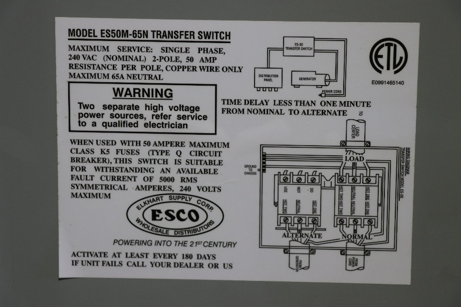 USED ESCO POWER 50 TRANSFER AUTOMATIC TRANSFER SWITCH ES50M-65N RV/MOTORHOME PARTS FOR SALE RV Components 