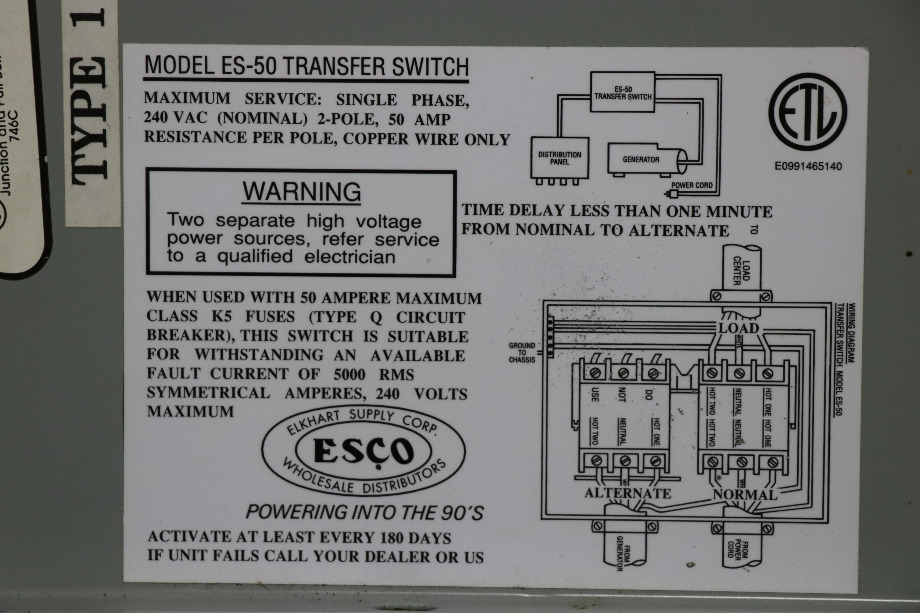 USED MOTORHOME ESCO POWER 50 TRANSFER ES50M-65N AUTOMATIC TRANSFER SWITCH FOR SALE RV Components 