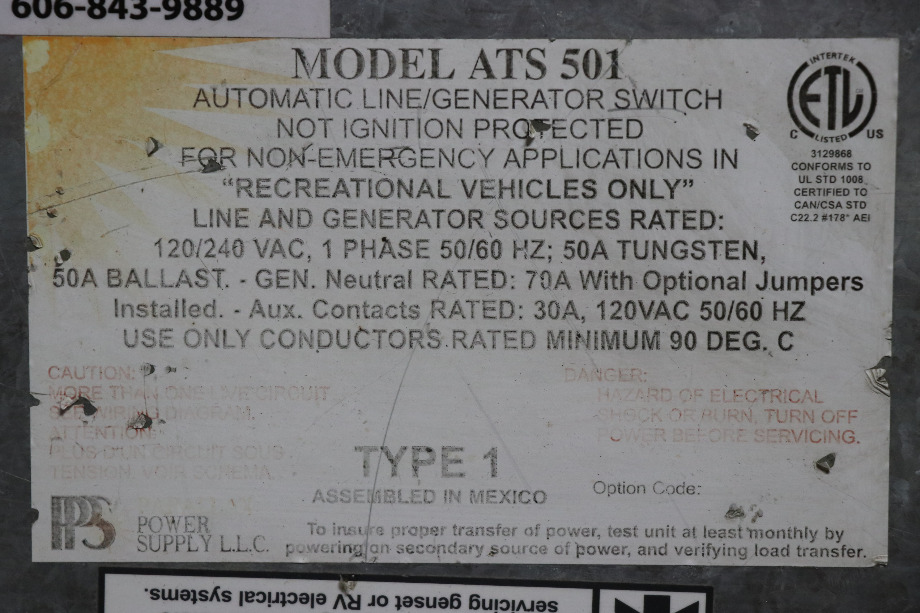 USED RV ATS 501 PARALLAX POWER SUPPLY AUTO LINE/GEN SWITCH FOR SALE RV Components 