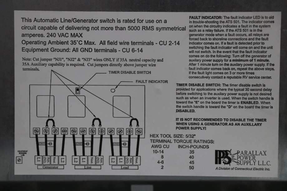 USED RV/MOTORHOME PARALLAX POWER SUPPLY AUTO LINE/GEN SWITCH ATS 501 FOR SALE RV Components 