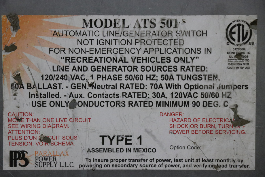 USED RV/MOTORHOME PARALLAX POWER SUPPLY AUTO LINE/GEN SWITCH ATS 501 FOR SALE RV Components 