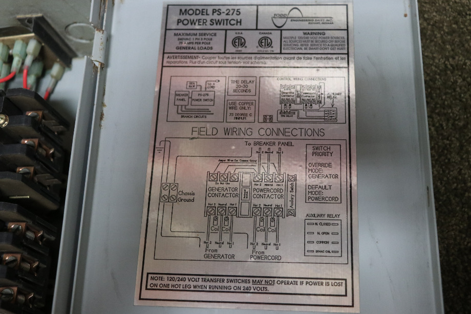 USED POWER SWITCH PS-275 AUTOMATIC TRANSFER SWITCH MOTORHOME PARTS FOR SALE RV Components 