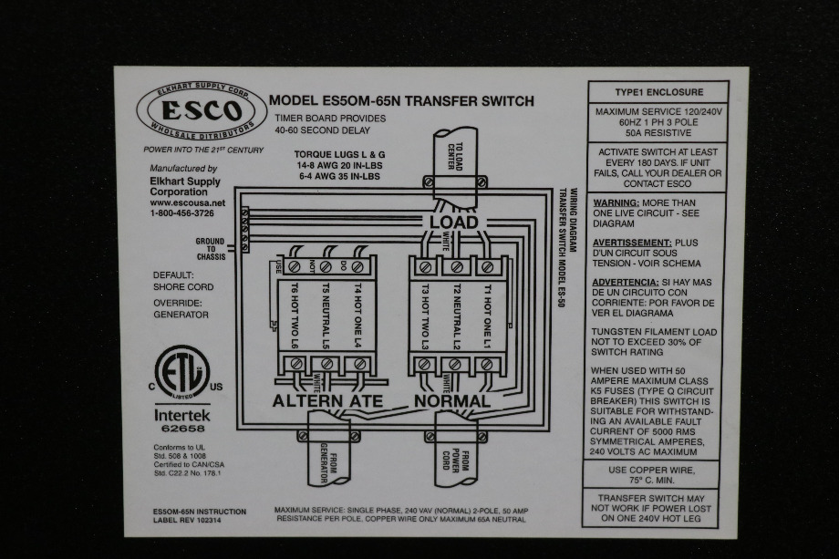 USED MOTORHOME AUTO TRANSFER SWITCH ES50M-65N WITH VOLTAGE SURGE SUPPRESSOR FOR SALE RV Components 