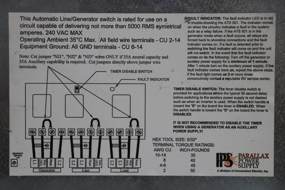 USED ATS 501 PARALLAX AUTO LINE/GEN SWITCH RV PARTS FOR SALE RV Components 