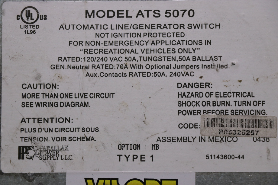 USED ATS 5070 PPS AUTOMATIC LINE/GENERATOR SWITCH RV PARTS FOR SALE RV Components 