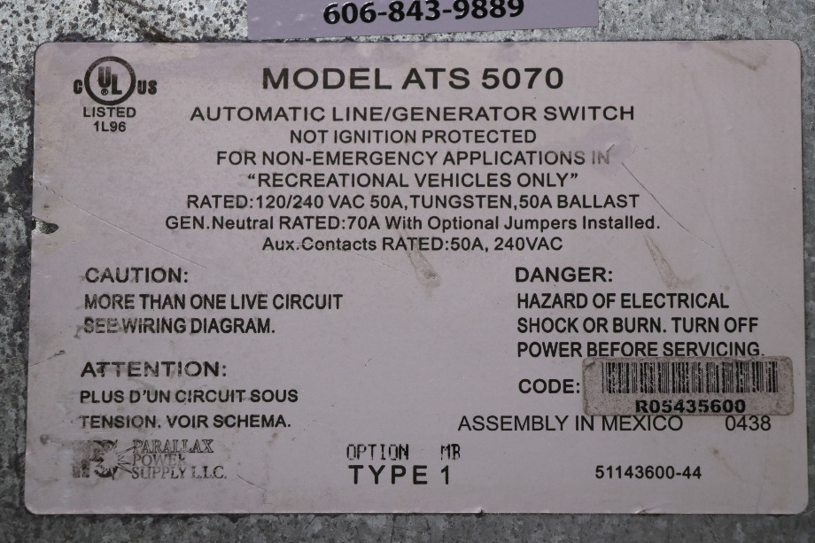 USED PPS ATS 5070 AUTOMATIC LINE/GENERATOR SWITCH MOTORHOME PARTS FOR SALE RV Components 