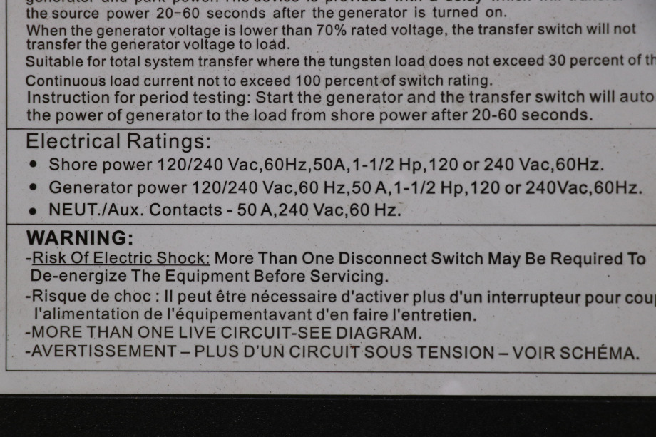 USED MOTORHOME WFCO WF-T57-R TRANSFER SWITCH FOR SALE RV Components 