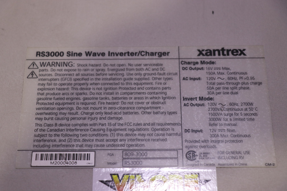 USED RV/MOTORHOME XANTREX SINE WAVE INVERTER/CHARGER RS3000 FOR SALE RV Components 