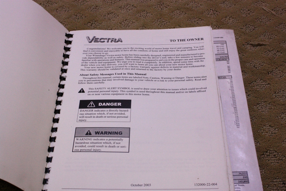 USED 2004 WINNEBAGO VECTRA OPERATORS MANUAL FOR SALE RV Accessories 