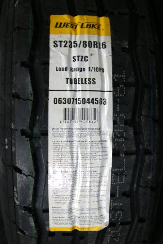 SET OF 4 WEST LAKE ST235/80R16 TIRES & 16 IN. BLACK & ALUMINUM WHEELS Towing Products 
